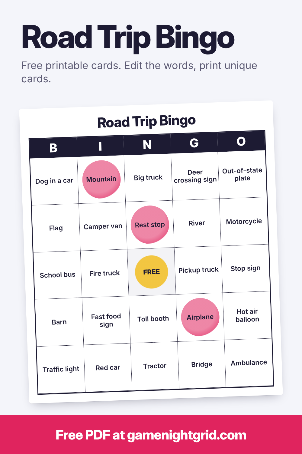 Road Trip Bingo: free printable bingo cards