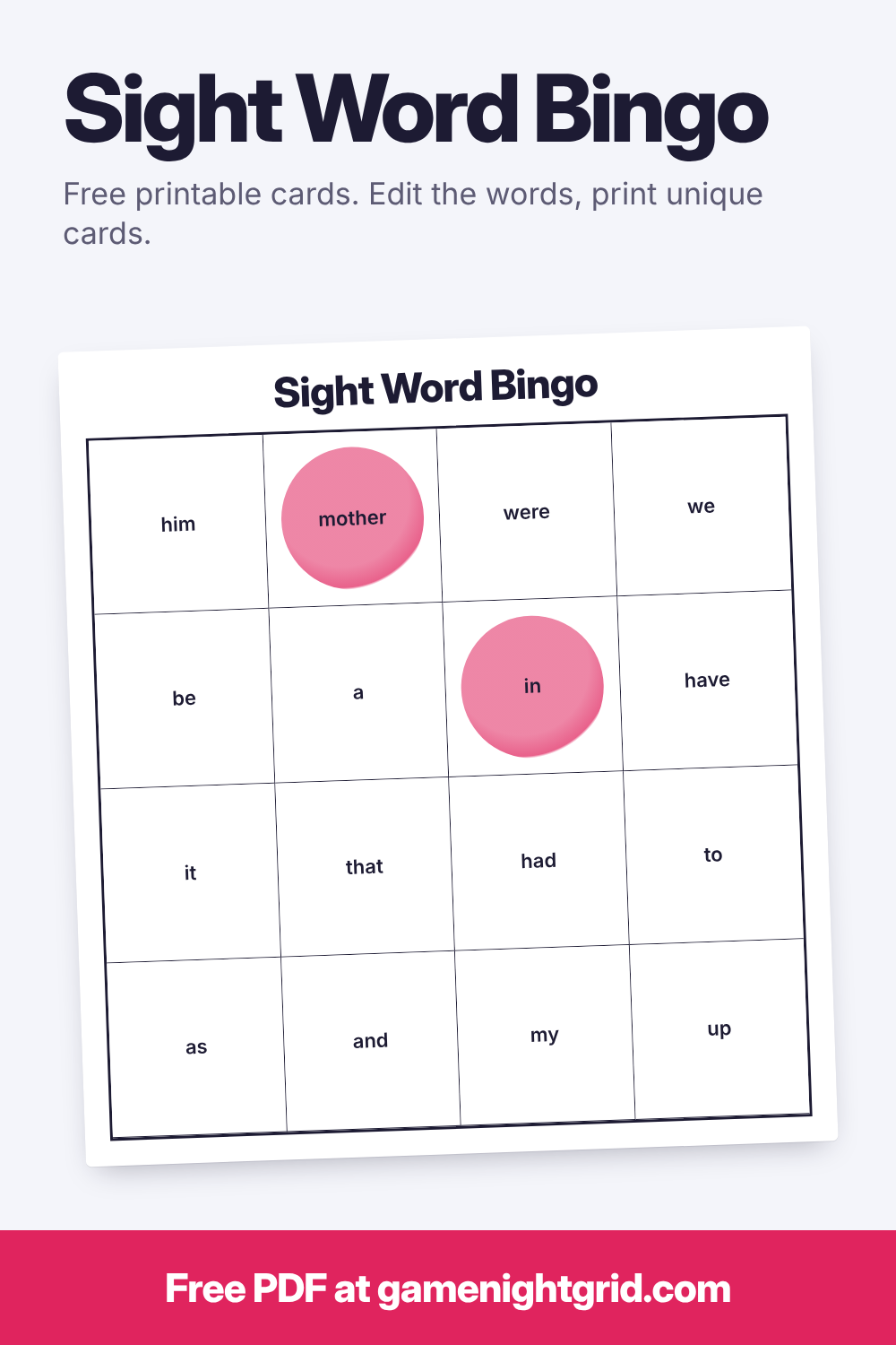 Sight Word Bingo: free printable bingo cards
