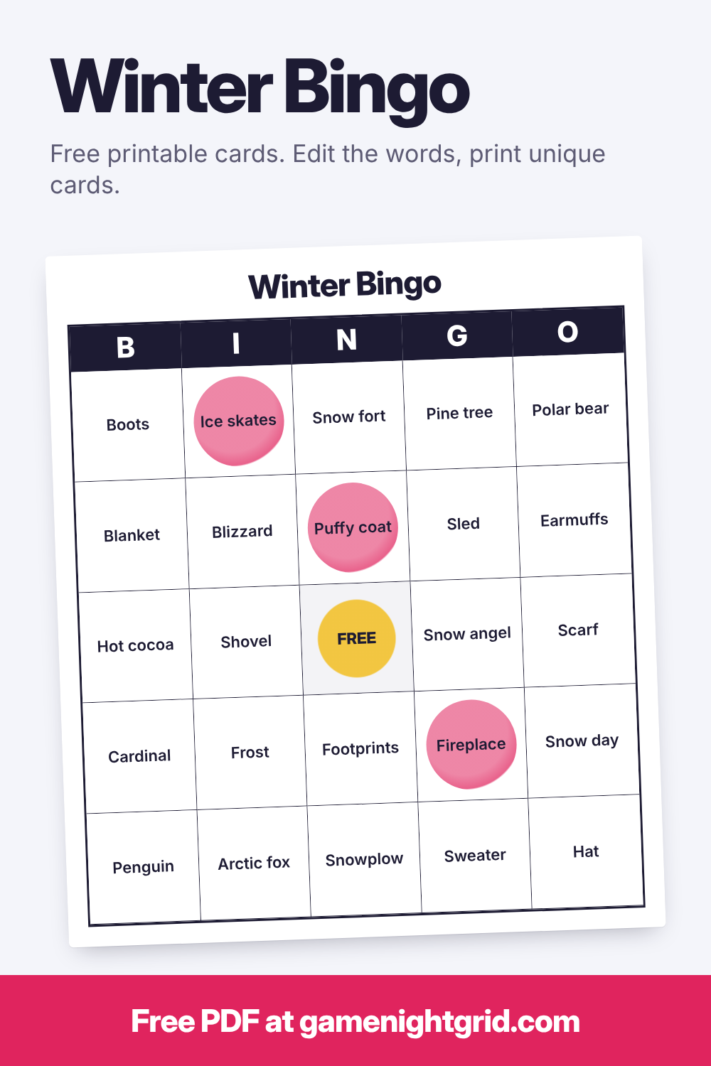 Winter Bingo: free printable bingo cards